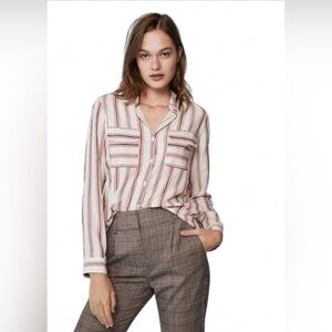 Express The City Button Down Blouse in Cream and Burgundy Stripes